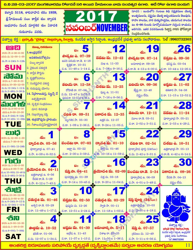 Telugu Panchangam Calendar 2017