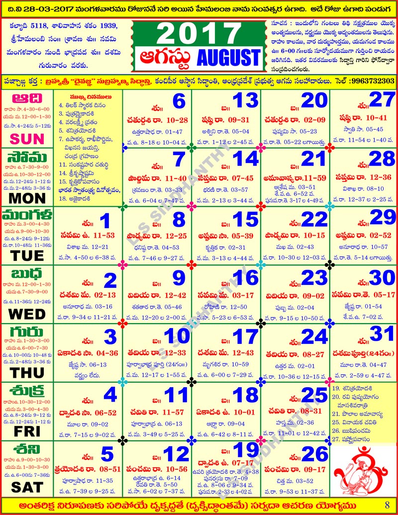 Telugu Panchangam Calendar 2017 Temples In India Information