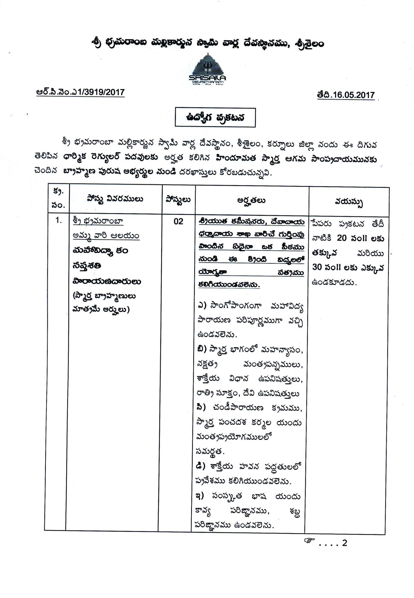 Srisailam Recruitment Website material